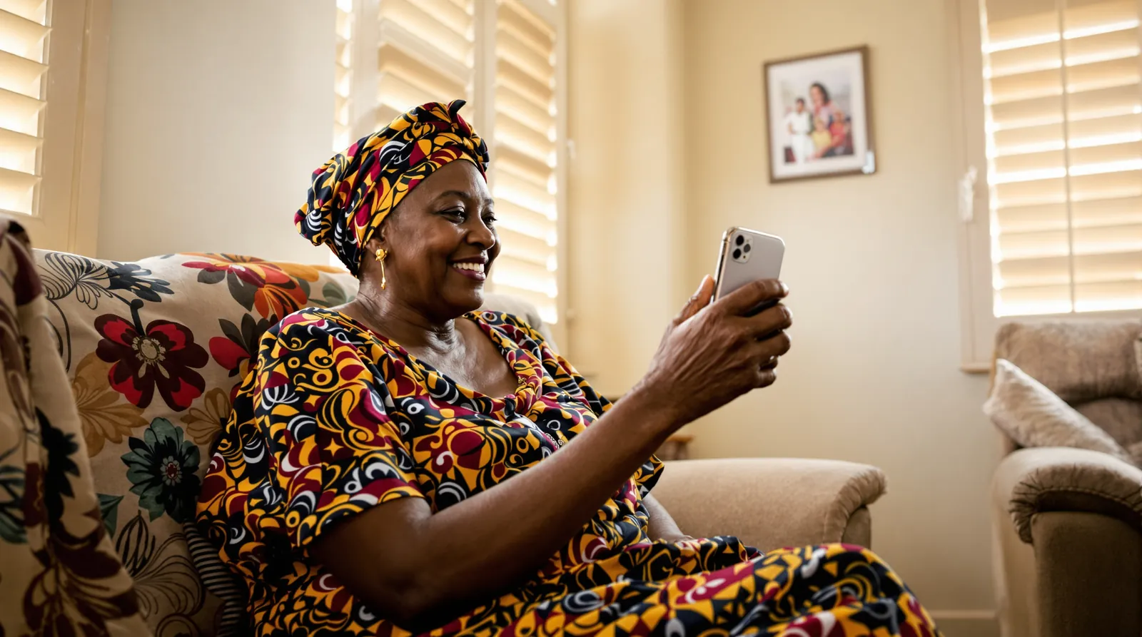 An elderly Nigerian woman in her Lagos living room smiling during a video call on her phone