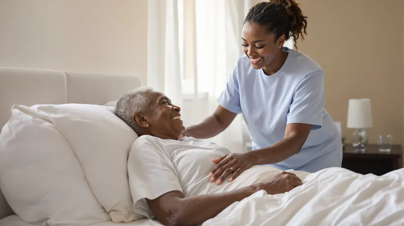 A caregiver settling an elderly Nigerian woman comfortably in bed at home