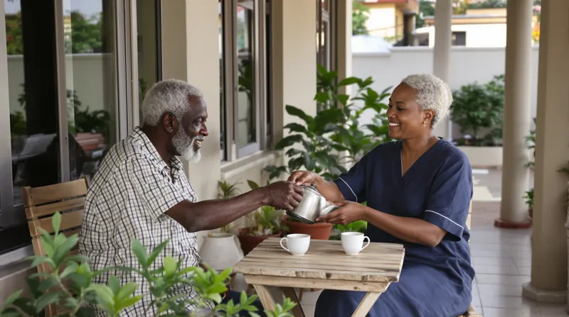 A caregiver supporting an elderly man with a walking stick along a shaded veranda