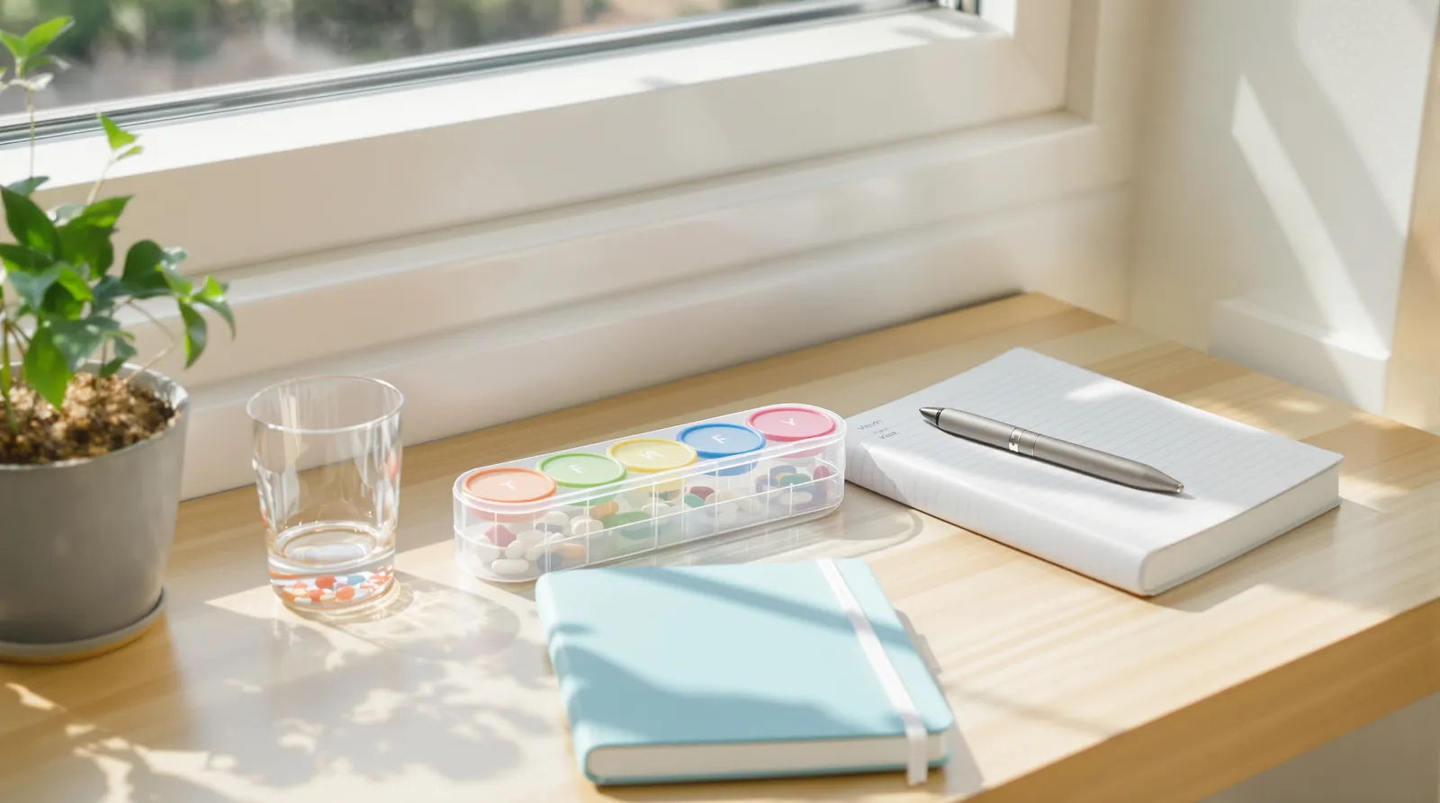 A weekly pill organiser, a glass of water and a notebook on a table by a window