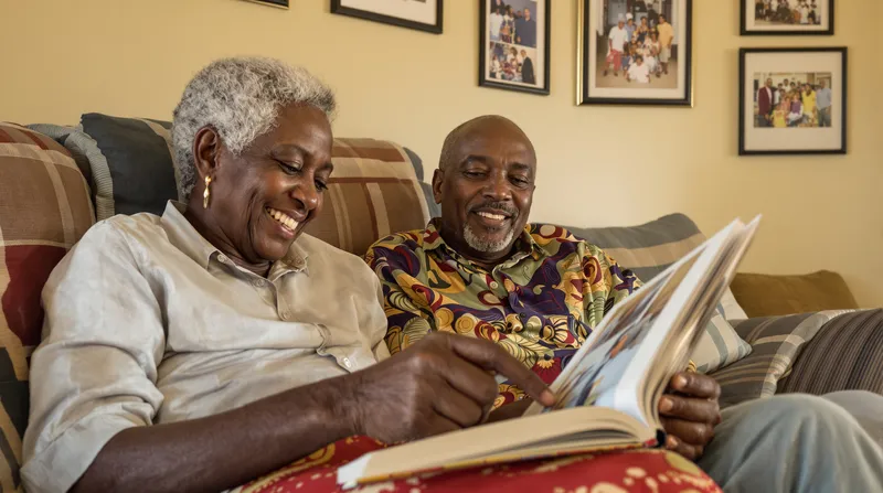 An elderly Nigerian woman looking through a family photo album with her adult son at home