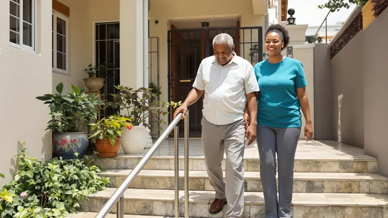 A caregiver walking beside an elderly Nigerian man as he holds a rail on the steps of his Lagos home