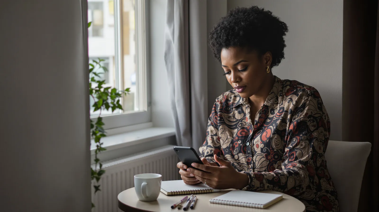 A Nigerian woman abroad checking a payment receipt on her phone at a table