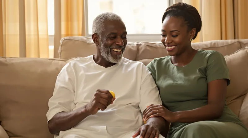 An elderly Nigerian man squeezing an exercise ball while his daughter encourages him on the sofa at home